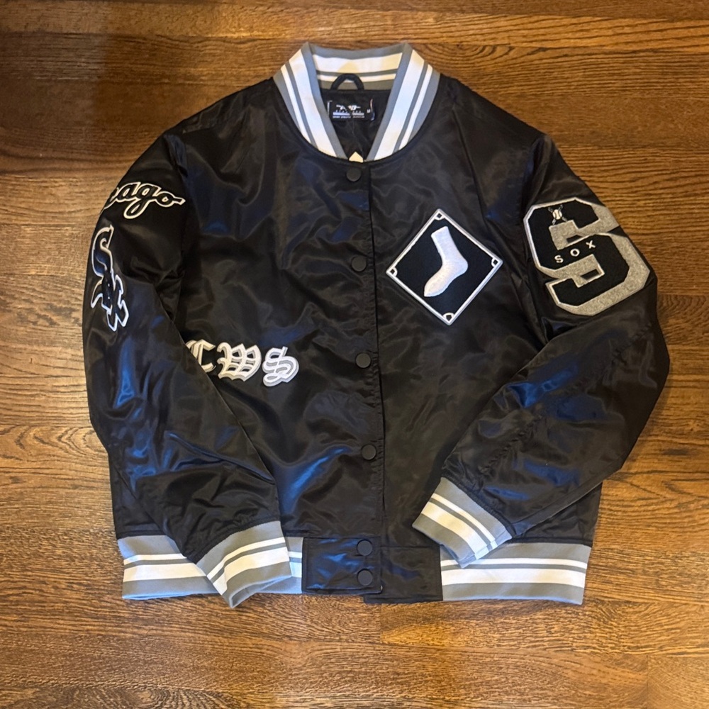 Chicago White Sox Black Satin Varsity Jacket with Grey Trim